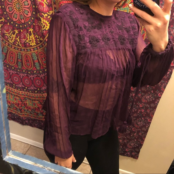 NWT Free People Sheer Dark Purple Boho Top - Picture 3 of 8